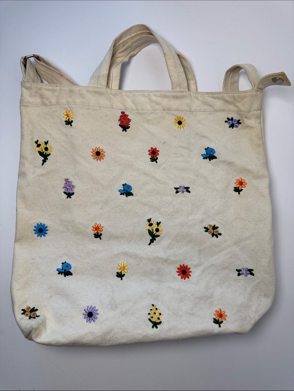BAGGU Duck Bag Recycled Cotton Canvas Embroidered Ditsy Floral Tote Bag Cream - Picture 2 of 13